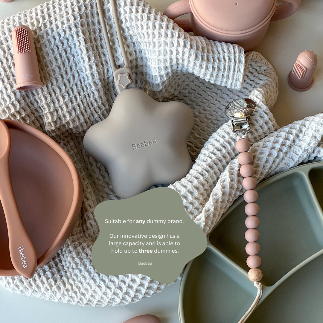 Silicone baby dummy holder case in oatmeal colour by Baebea